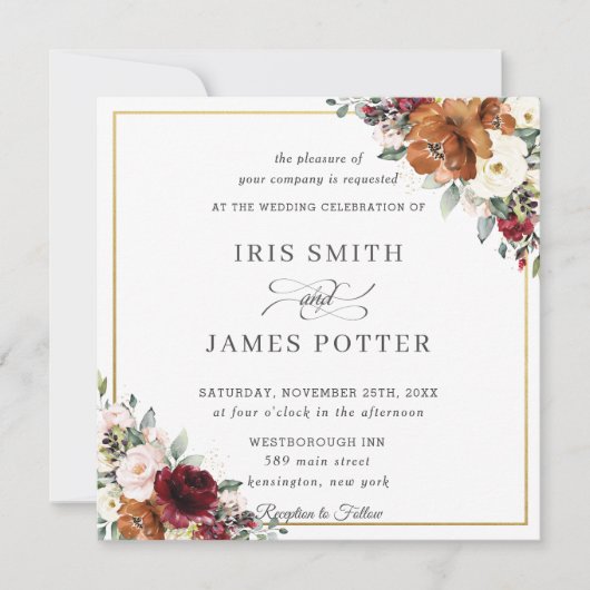 Burnt Orange Ivory Burgundy Floral Wedding Square Einladung (Vorderseite)