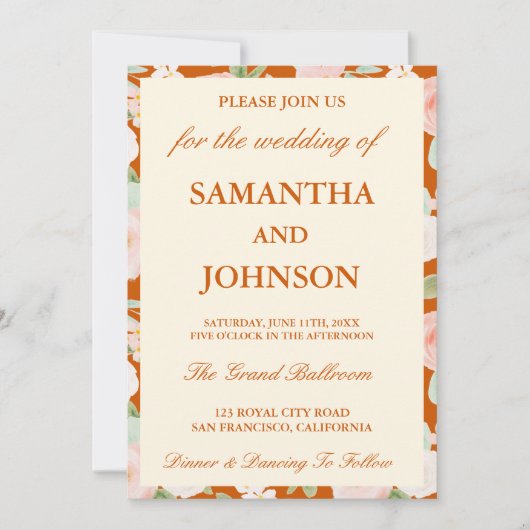 Burnt Orange Ivory Floral Monogram Photo Wedding Einladung (Vorderseite)