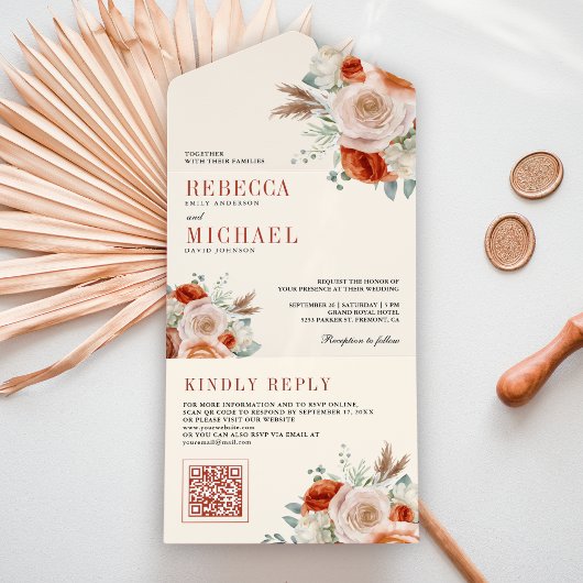 Burnt Orange Ivory Floral QR Code Wedding All In One Einladung