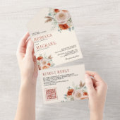 Burnt Orange Ivory Floral QR Code Wedding All In One Einladung (Abreißen)
