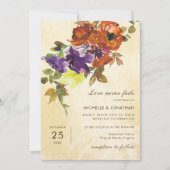 Burnt Orange Lila Fall Bloral Christliche Hochzeit Einladung (Vorderseite)