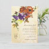 Burnt Orange Lila Fall Bloral Christliche Hochzeit Einladung (Stehend Vorderseite)