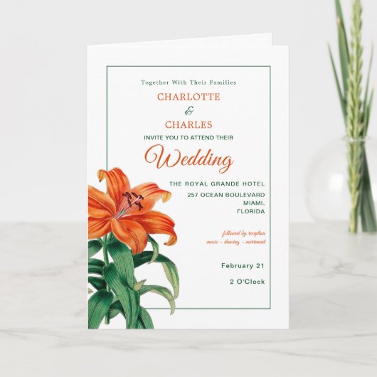 Burnt Orange Lilies Stylish Floral Wedding Einladung (Vorderseite)