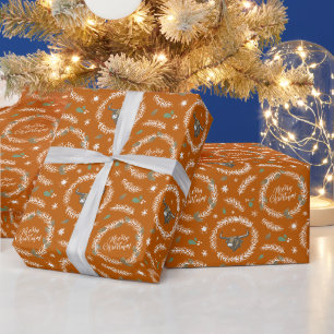 Burnt Orange Longhorn Bull in Weihnachtskranz Geschenkpapier