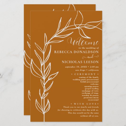 Burnt Orange Minimal Arch Wedding Programm (Vorne/Hinten)