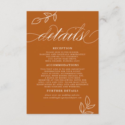 Burnt Orange Minimal Leaf QR Code Hochzeitsdetails Begleitkarte (Vorderseite)