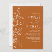 Burnt Orange Minimalistisch Elegante Blätter Hochz Einladung (Vorderseite)