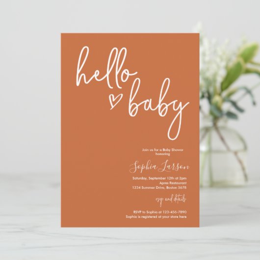 Burnt Orange Minimalistisch Modern Boho Babydusche Einladung (Stehend Vorderseite)