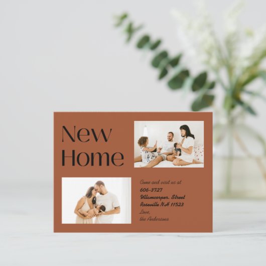 Burnt Orange Minimalistisch zwei Foto neue Zuhause Ankündigungspostkarte (Stehend Vorderseite)