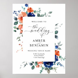 Burnt Orange Navy Blue Floral Wedding Willkommen Poster