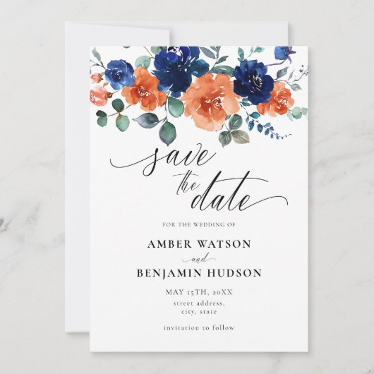 Burnt Orange Navy Blue Wedding retten das Datum Einladung (Vorderseite)