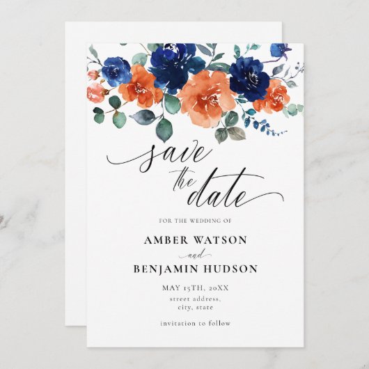 Burnt Orange Navy Blue Wedding retten das Datum Einladung (Vorne/Hinten)