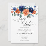 Burnt Orange Navy Blue Wedding retten das Datum Einladung<br><div class="desc">Elegante handgemalte Aquarellfarben Brennen Orange und marineblau boho Blütenhochzeit Speichern Sie die Datumskarte. Original Aquarellbilder. Teil einer kompletten Hochzeitssuite. Klicken Sie auf Weitere Links anpassen,  um Schriftart,  Größe und Farbe zu ändern. Kontaktieren Sie mich für passende Artikel.</div>