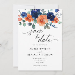 Burnt Orange Navy Blue Wedding retten das Datum Einladung