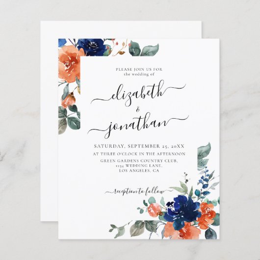 Burnt Orange Navy Floral Budget Einladung Hochzeit (Vorne/Hinten)