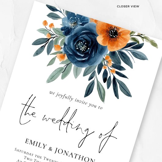 Burnt Orange Navy Florals QR Code Wedding Einladung