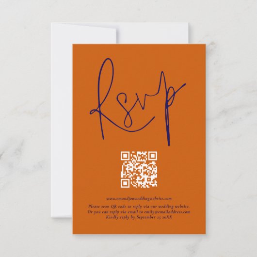 Burnt Orange Navy Script Qr Code Wedding RSVP Card (Vorderseite)