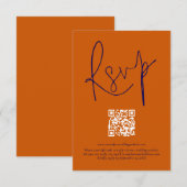 Burnt Orange Navy Script Qr Code Wedding RSVP Card Karte (Vorne/Hinten)
