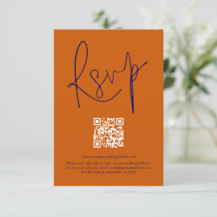 Burnt Orange Navy Script Qr Code Wedding RSVP Card Karte