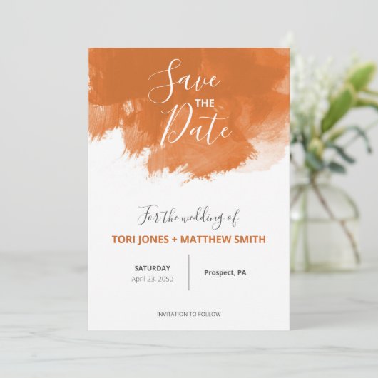 Burnt Orange Paint Swatch Wedding Save the Date (Stehend Vorderseite)