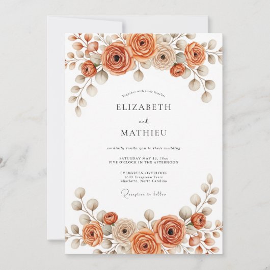 Burnt Orange Painterly Blossom Wedding Einladung (Vorderseite)