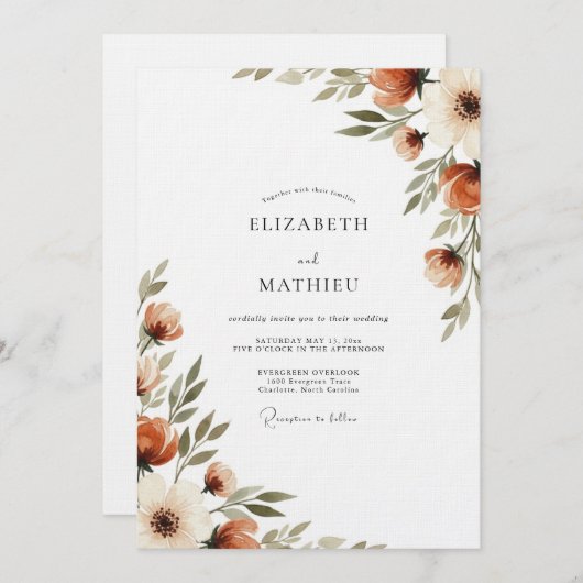 Burnt Orange Painterly Flora Wedding Einladung (Vorne/Hinten)