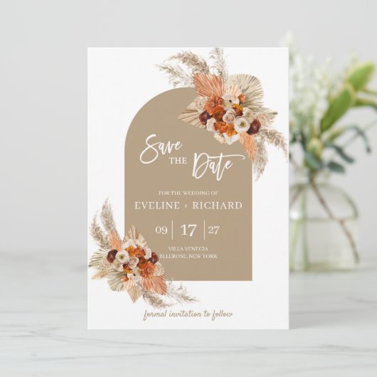 Burnt orange Pampas Gras getrocknete Palme Bohmars Einladung (Stehend Vorderseite)