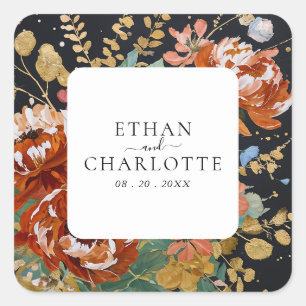 Burnt Orange Peonies Bloral Painting Gold Hochzeit Quadratischer Aufkleber