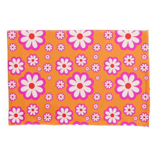 Burnt Orange & Pink Daisies 70er BOHO Blumenmuster Kissenbezug (Vorderseite)