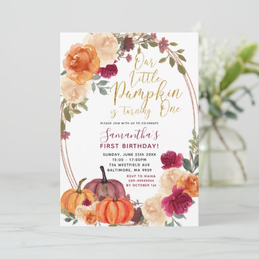 Burnt Orange Pumpkin Birthday Einladung (Stehend Vorderseite)