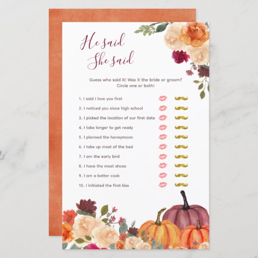 Burnt orange Pumpkin Er sagte, sie sagte Game Card (Vorne/Hinten)