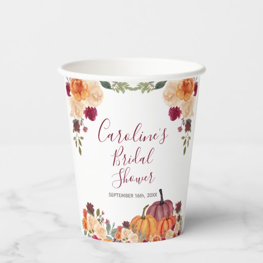 Burnt orange Pumpkin Floral Brautparty White Pappbecher (Rückseite)