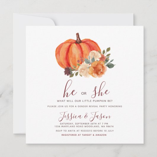 Burnt Orange Pumpkin Gender Reveal Party Einladung (Vorderseite)