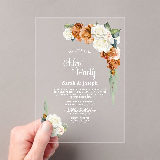 Burnt Orange Rose Blumenhochzeit nach dem Party Acryleinladungen (Insitu (Handheld))