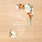 Burnt Orange Rose Blumenhochzeit nach dem Party Acryleinladungen (Vorderseite)