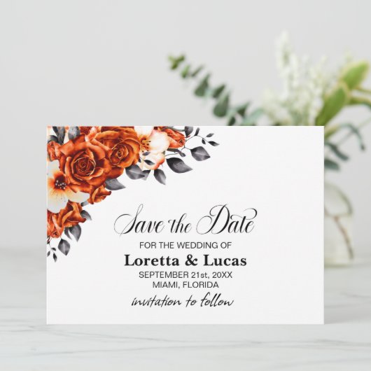Burnt Orange Rose Blumenhochzeit Speichern Sie das Save The Date (Stehend Vorderseite)