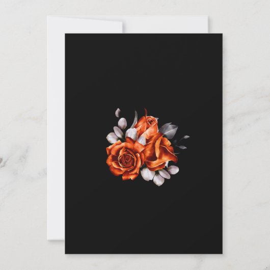 Burnt Orange Rose Blumenschwarz Hochzeitsempfang Einladung (Rückseite)