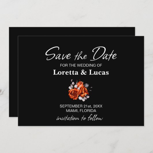 Burnt Orange Rose Floral Black Wedding Save The Date (Vorne/Hinten)
