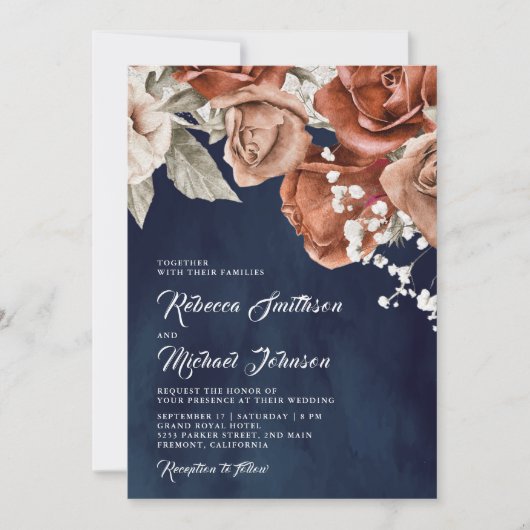 Burnt Orange Rose Terracotta Floral Navy Hochzeit Einladung (Vorderseite)