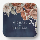Burnt Orange Rose Terracotta Floral Navy Hochzeit Pappteller (Vorderseite)