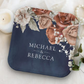 Burnt Orange Rose Terracotta Floral Navy Hochzeit Pappteller