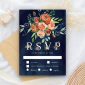 Burnt Orange Rose Terracotta Floral Navy Hochzeit RSVP Karte
