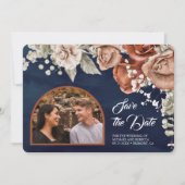 Burnt Orange Rose Terracotta Floral Navy Hochzeit Save The Date (Vorderseite)