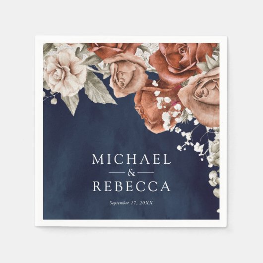 Burnt Orange Rose Terracotta Floral Navy Hochzeit Serviette (Vorderseite)