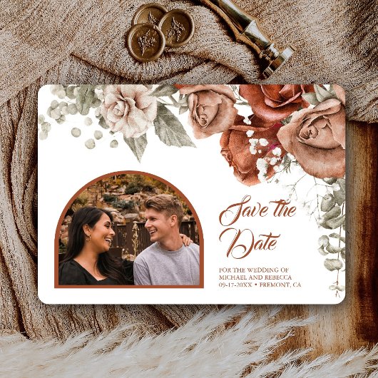 Burnt Orange Rose Terracotta Floral Wedding Foto Save The Date