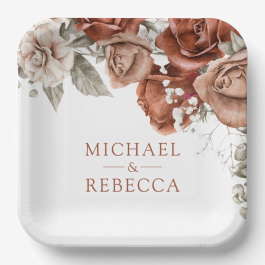 Burnt Orange Rose Terracotta Floral Wedding Pappteller (Vorderseite)