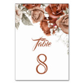 Burnt Orange Rose Terracotta Floral Wedding Tischnummer (Rückseite)