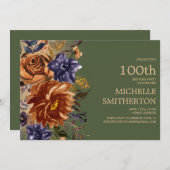 Burnt Orange Rust Blue Floral Green 100. Geburtsta Einladung (Vorne/Hinten)