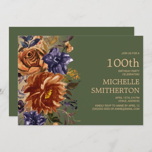 Burnt Orange Rust Blue Floral Green 100. Geburtsta Einladung (Vorne/Hinten)