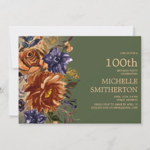 Burnt Orange Rust Blue Floral Green 100. Geburtsta Einladung